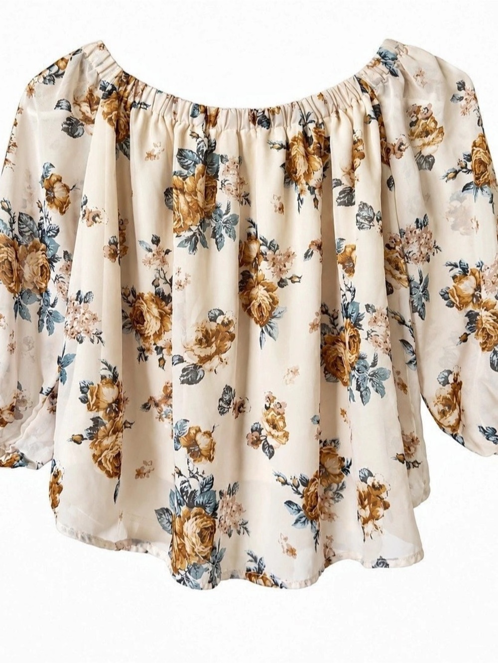 Active USA Floral Off Shoulder Blouse Women’s M Cream Brown Blue 3/4 Sleeve